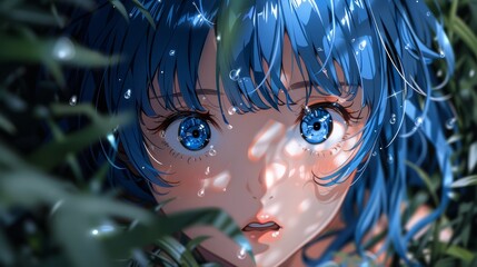   A person with blue hair and eyes gazes into the camera amidst leafy surroundings