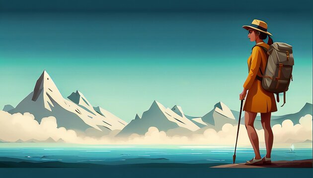 woman is standing on a mountain top with a backpack and a walking stick