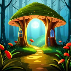 A forest scene with mushroom house and a path leading to it