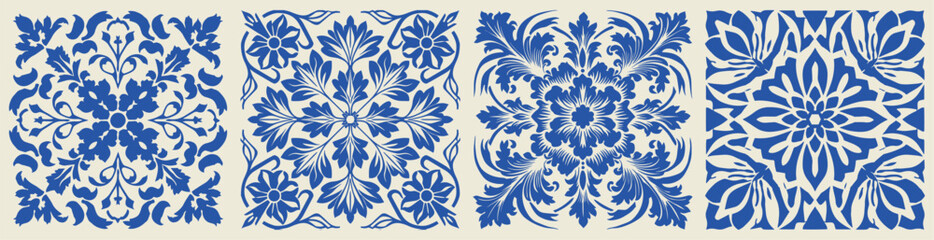 Fototapeta na wymiar Set of Floral Vintage Classic Portuguese Spring Botanical Tile Pattern Vector Design
