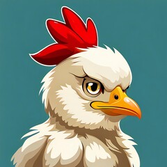 A cartoon chicken with red beak and red feathers on its head