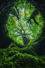 Gardinen inside view of an ancient tree, taken from below looking up at its massive canopy and intricate branches with lush green leaves © Izanbar MagicAI Art