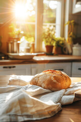 beautiful homemade bread laying on the soft cotton kitchen towel on the table, rustic kitchen interior blurred on the background . Soft sun rays illuminate the scene. Comfort and cozy atmosphere. 