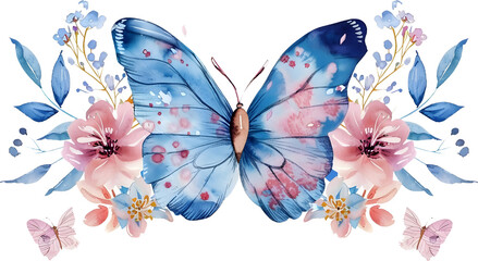 Watercolor Blue and Pink Butterfly Floral on White Background