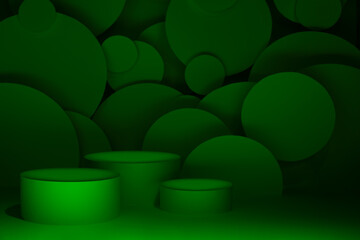 Abstract stage for presentation skin care products - three round podiums mockup in gradient dark acid green light, bubbles fly as decor. Template for displaying, showing, goods in rich luxury style. - 770466775
