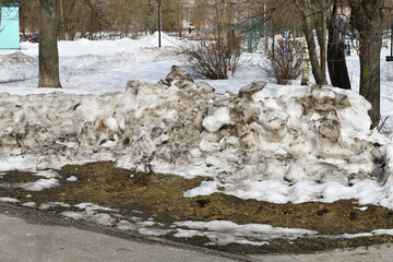 Drifts of dirty snow in a park in early spring