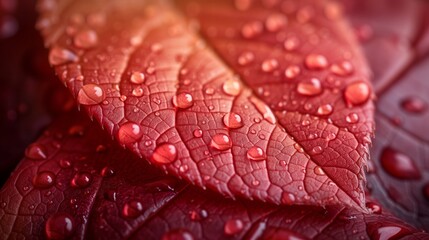 Fototapeta premium Close-ups of water droplets on leaves, emphasizing texture, patterns, and colors.
