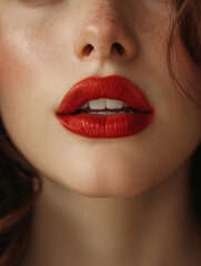 Obraz premium Close-up, woman's red lips, lips slightly parted. Fashion, glamour, beauty photo. Makeup. Style. Cosmetics.