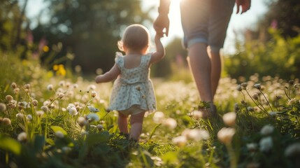 Parents holding hands with little children for a walk in the flower field, Warmth from family relationships. - obrazy, fototapety, plakaty