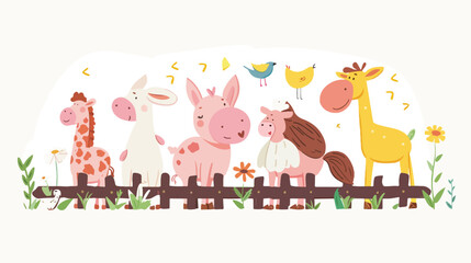 Cartoon farm animals in the farming background flat vector