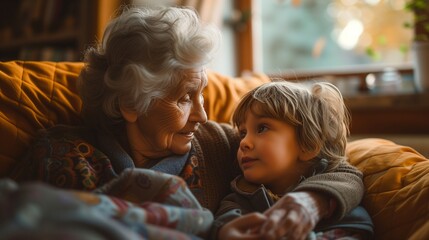 Grandma and grandson sit and talk on the sofa. - obrazy, fototapety, plakaty
