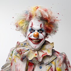Clown with watercolor splashes on his hair on a white background. Scary joke for Halloween.