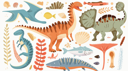 Fototapeta na wymiar Cartoon fossil animals with dinosaur fish bone