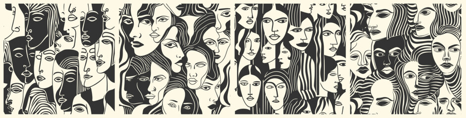 Hand Drawn Modern Minimalist Naif Women Seamless Repeat Pattern Set