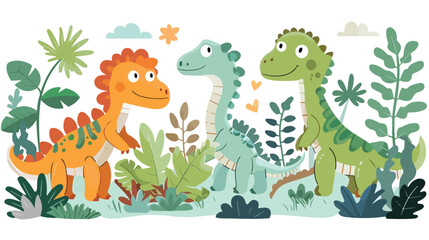 Cartoon funny dinosaurs in the jungle flat vector isolated