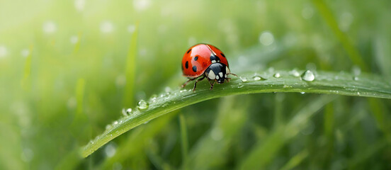 Obraz premium fresh green grass with water dropsLadybug on grass in summer in the field close-up generative by ai...