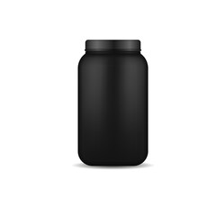 Whey protein and mass gain black plastic jar, bottle. Glossy plastic packaging mockup 3d design. Fitness nutrition canister design template for gym and workout. Vector illustration