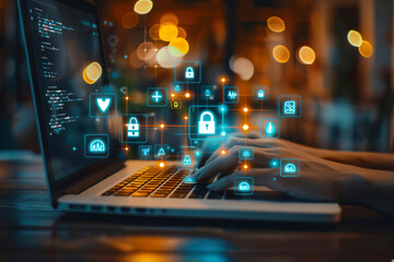 Hands typing on a laptop with virtual cybersecurity interface surrounding it, highlighting concepts of internet security and data protection