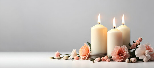 A burning candle in a bed of pink flowersSpa composition. burning candles, flower generative by ai...
