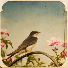 Vintage swallow birds postcard