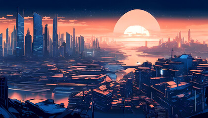 Futuristic Riverside Metropolis at sunset cityscape on panorama view, blue and Peach tone lo-fi art - obrazy, fototapety, plakaty