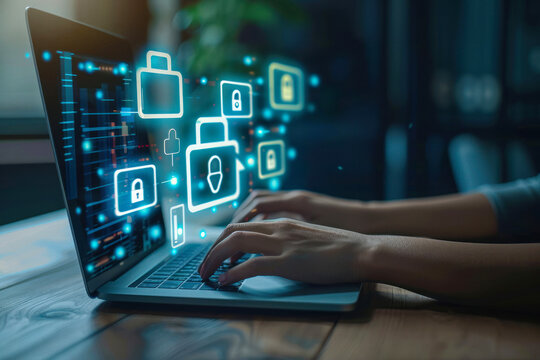 User at a laptop with glowing security locks image, symbolizing secure digital data
