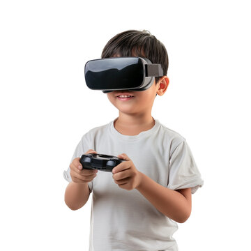 Little boy experiences virtual reality game on his head using it for the first time, with an expression of enthusiasm and curiosity. concept of digital development and virtual technology