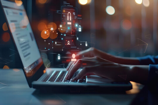 Hands interacting with a laptop keyboard with emerging padlock graphics symbolizing network security and data safety