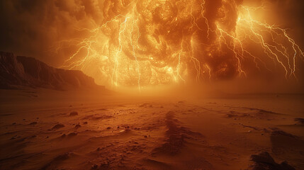 A large fiery explosion with lightning-like effects dominates a barren desert scene at dusk.