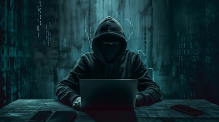 Dark hooded man. Hacker steal information. Cyber security. - obrazy, fototapety, plakaty