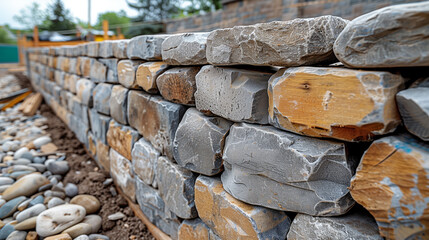 A bricklayer constructs a stone wall using wood, metal tools, and building materials like bricks and rocks. - obrazy, fototapety, plakaty