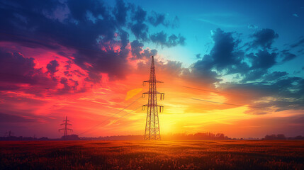 Silhouette of High voltage electric tower on sunset time background.