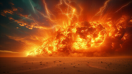 A large fiery explosion with lightning-like effects dominates a barren desert scene at dusk. - obrazy, fototapety, plakaty
