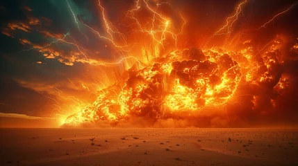Fensteraufkleber A large fiery explosion with lightning-like effects dominates a barren desert scene at dusk. © aekkorn