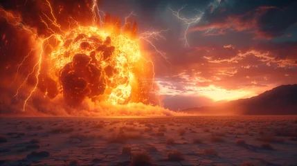 Rollo A large fiery explosion with lightning-like effects dominates a barren desert scene at dusk. © aekkorn