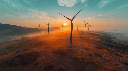 Wind power plant and technology. Smart grid. Renewable energy. Sustainable resources. - obrazy, fototapety, plakaty