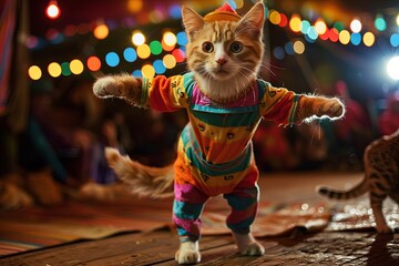 A Cat Decked out in a rainbow-striped jumpsuit and floppy shoes clown captivates the audience with slapstick humor, dancing with fellow circus animals. - obrazy, fototapety, plakaty