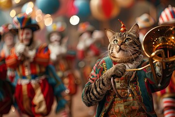 With a melodious meow, the cat clown leads a parade of circus performers, marching proudly with a comically large horn and a grin that lights up the entire big top - obrazy, fototapety, plakaty