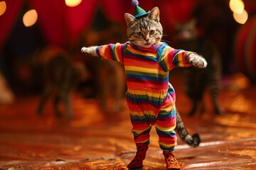 A Cat Decked out in a rainbow-striped jumpsuit and floppy shoes clown captivates the audience with...