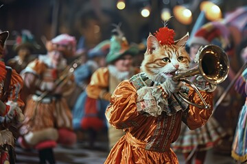 With a melodious meow, the cat clown leads a parade of circus performers, marching proudly with a comically large horn and a grin that lights up the entire big top - obrazy, fototapety, plakaty