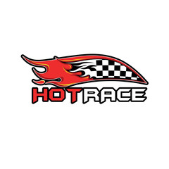 hot racing logo concept, sports flag with fire on a white background