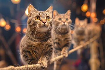 Feline Tightrope Troupe a group of agile cats balancing precariously on a high wire, whiskers...