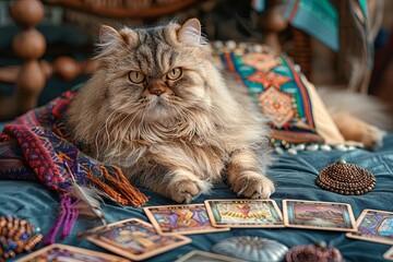 A Cat Feline Fortune Teller A regal Persian cat sits on a plush velvet cushion adorned with tarot cards and wearing a fortune teller turban.