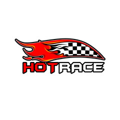hot racing logo concept, sports flag with fire on a white background