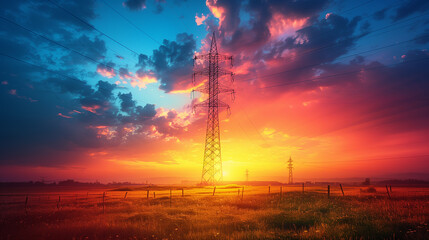 Silhouette of High voltage electric tower on sunset time background. - obrazy, fototapety, plakaty