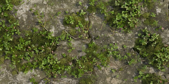 Top view of a natural ground texture with green plants and soil, suitable for backgrounds or environmental designs.