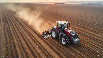 A modern tractor plows through an expansive agricultural field, preparing the soil for a new planting season under a clear sky.