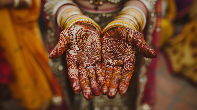 Close-up of a bride's hands displaying intricate henna patterns, adorned with traditional Indian bangles