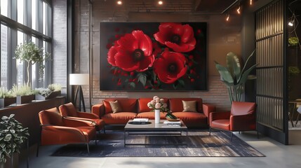 Red peonies in a modern interior - obrazy, fototapety, plakaty