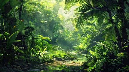 Lush jungle landscape in watercolor style. - obrazy, fototapety, plakaty